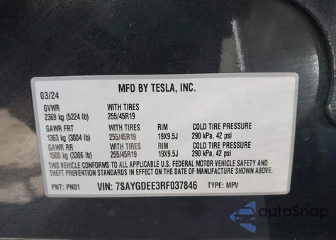 2024 Tesla Model Y Long Range Dual Motor All-Wheel Drive из США, поврежденный, VIN 7SAYGDEE3RF037846